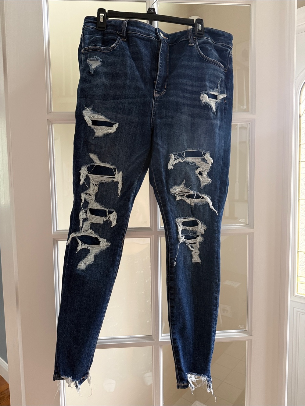 Dark Blue Distressed Women's Jeans - High-Rise Slim Fit